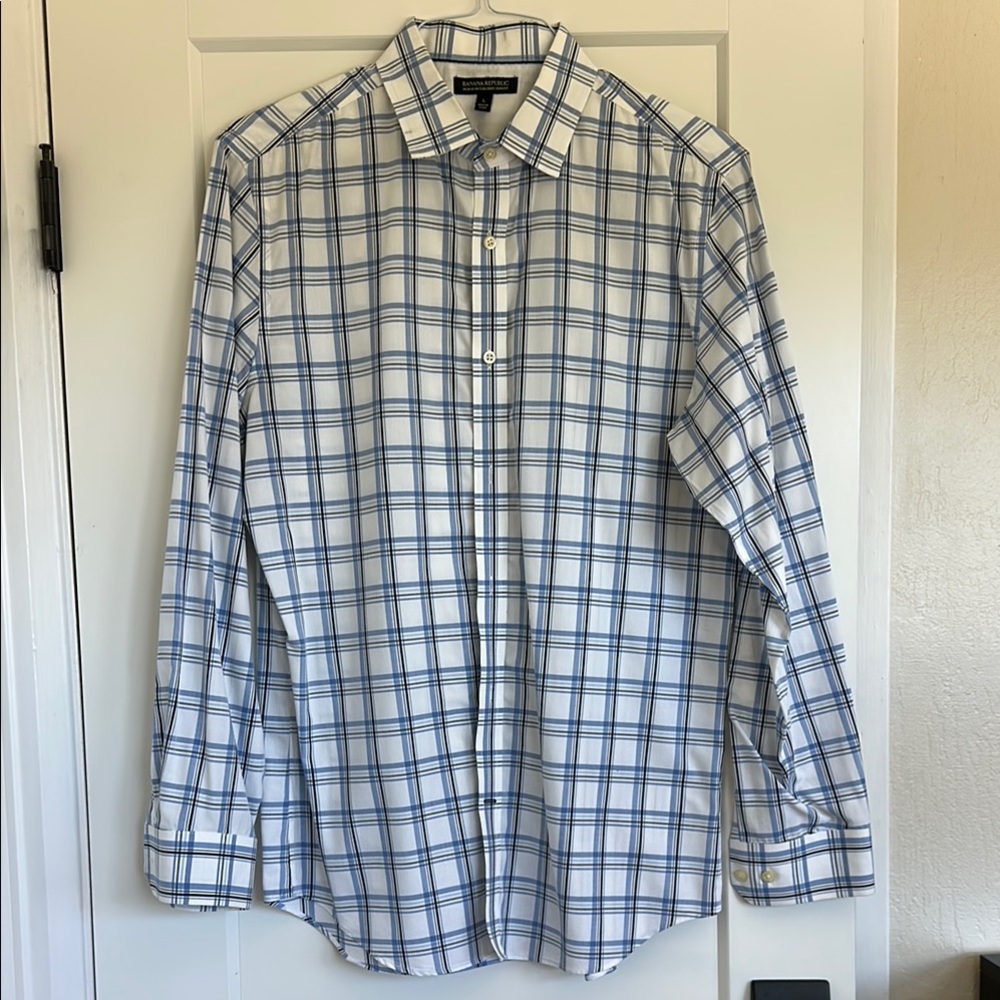 Banana Republic Men's Blue and White Plaid Shirt
